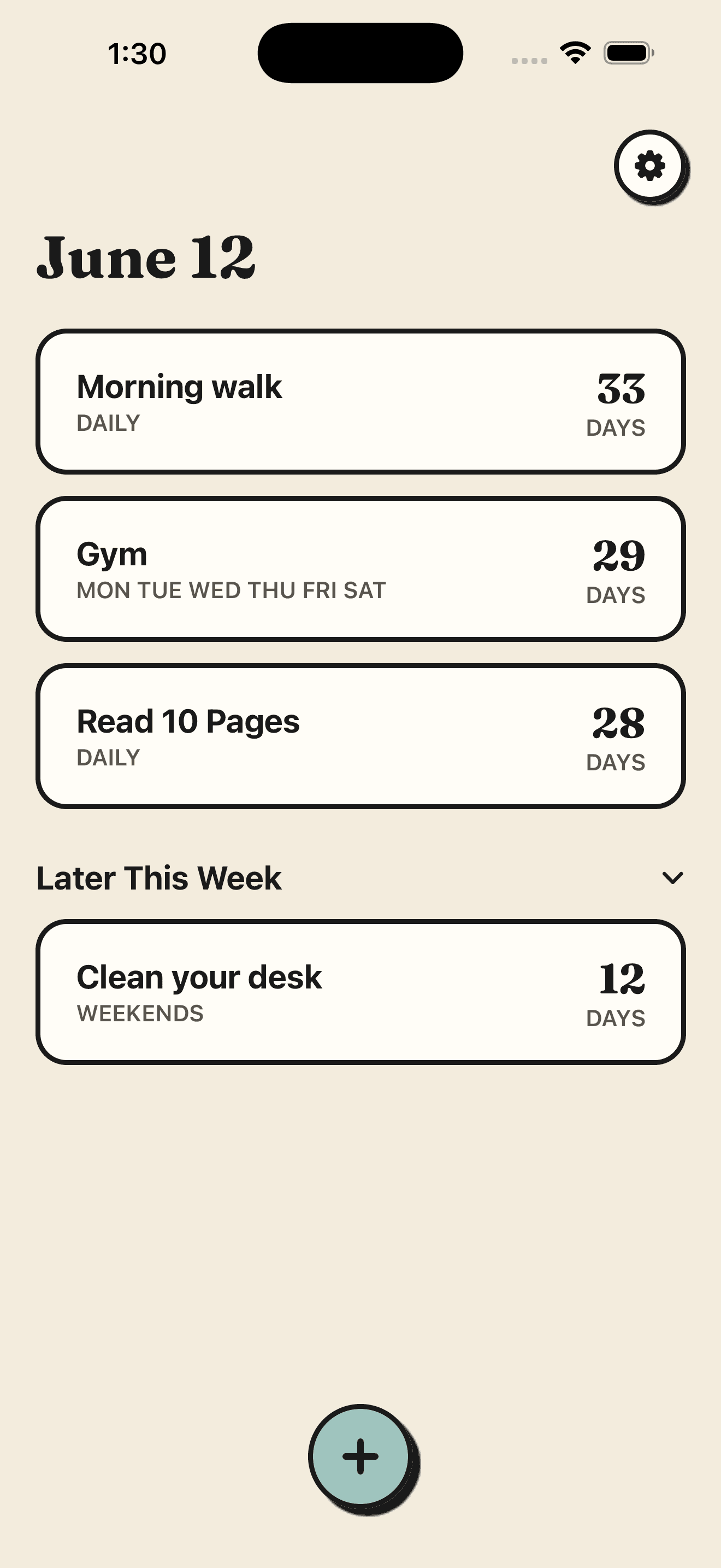Silent Habits home screen showing today's habits with streak counts and a Later This Week group
