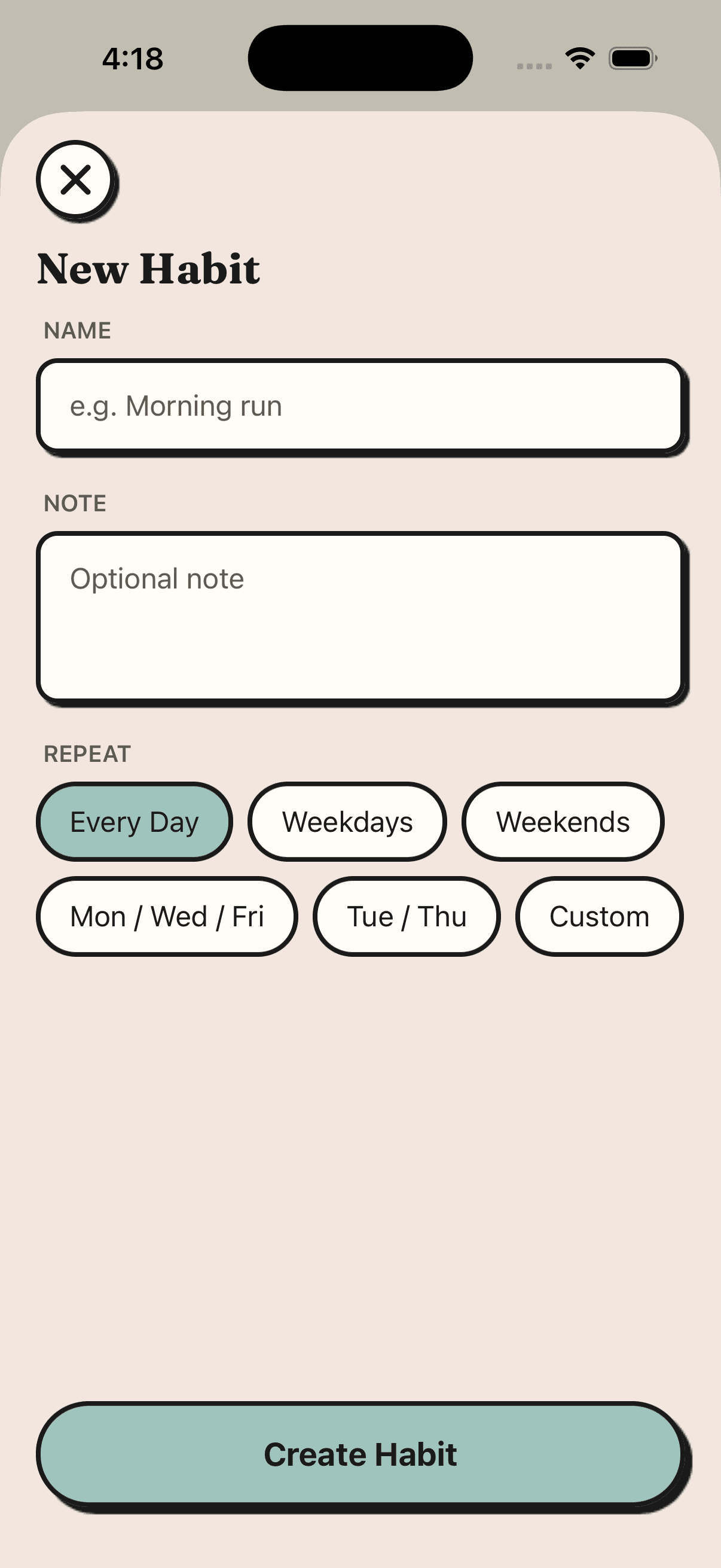 New Habit form with name and note fields and repeat presets like Every Day and Weekdays