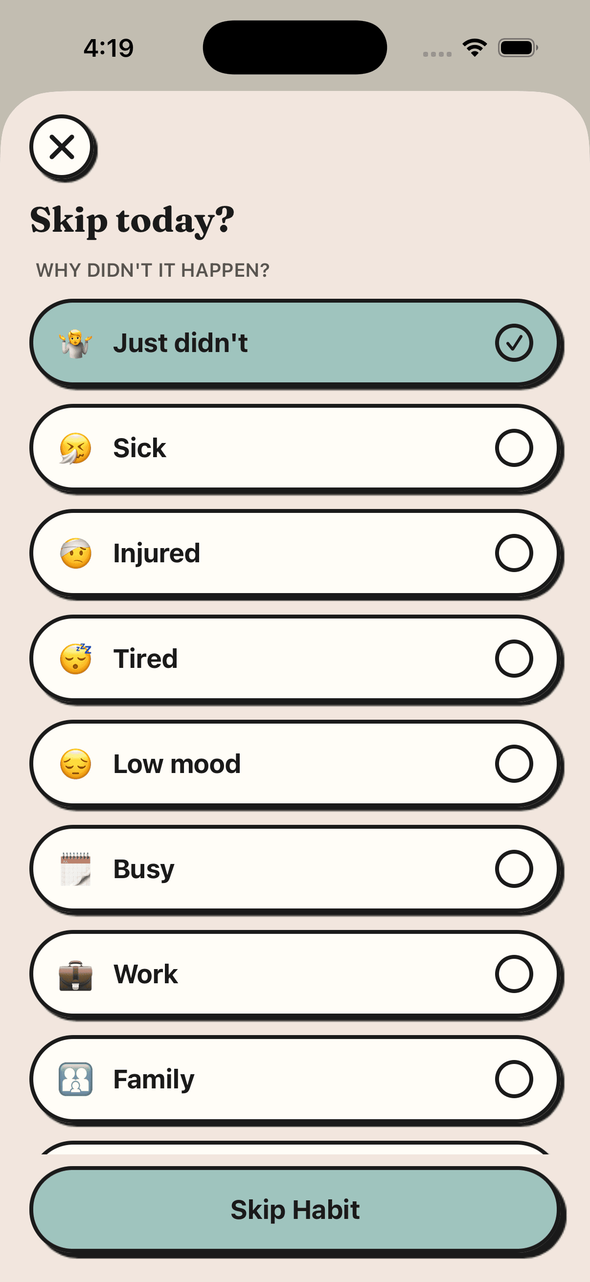 Skip today screen with a list of reasons such as Sick, Injured, Tired and Busy, each with an emoji